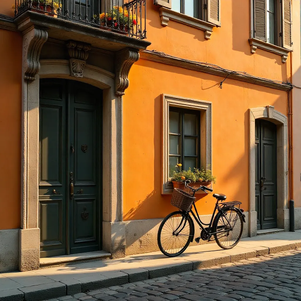 Orange Facade with Vintage Bicycle on European Street