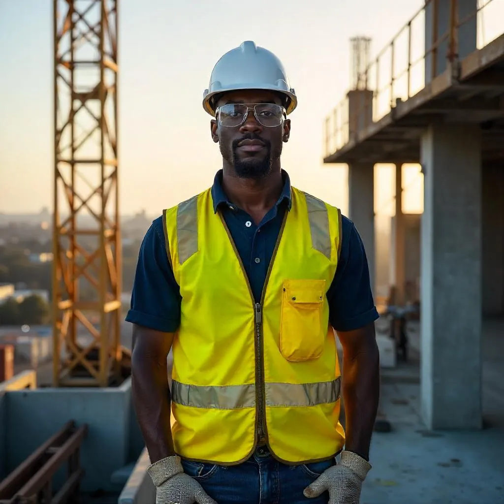 Photorealistic Construction Site Portrait of a Handsome Black Man