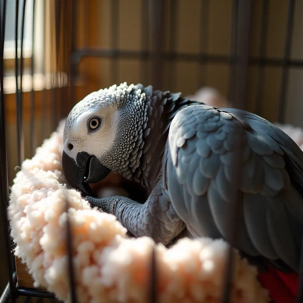 Sleepy African Grey Parrot in a Cozy Birdcage