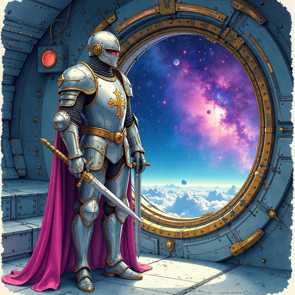 Watercolor Knight Aboard a Starship