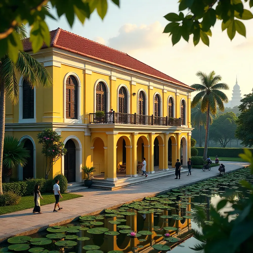Yellow Colonial University in Hanoi Amid Lush Greenery