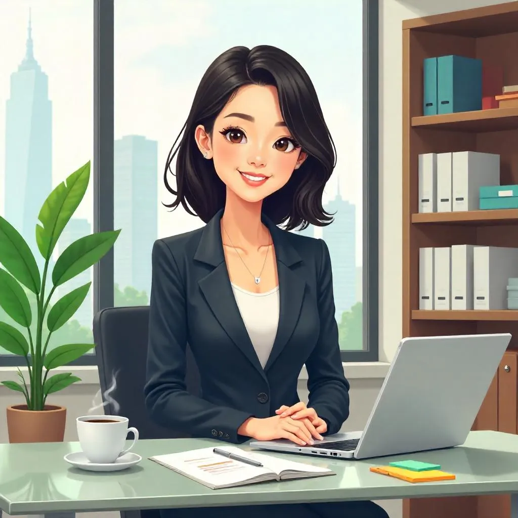 Elegant Asian Woman in a Bright Office - Cartoon Style