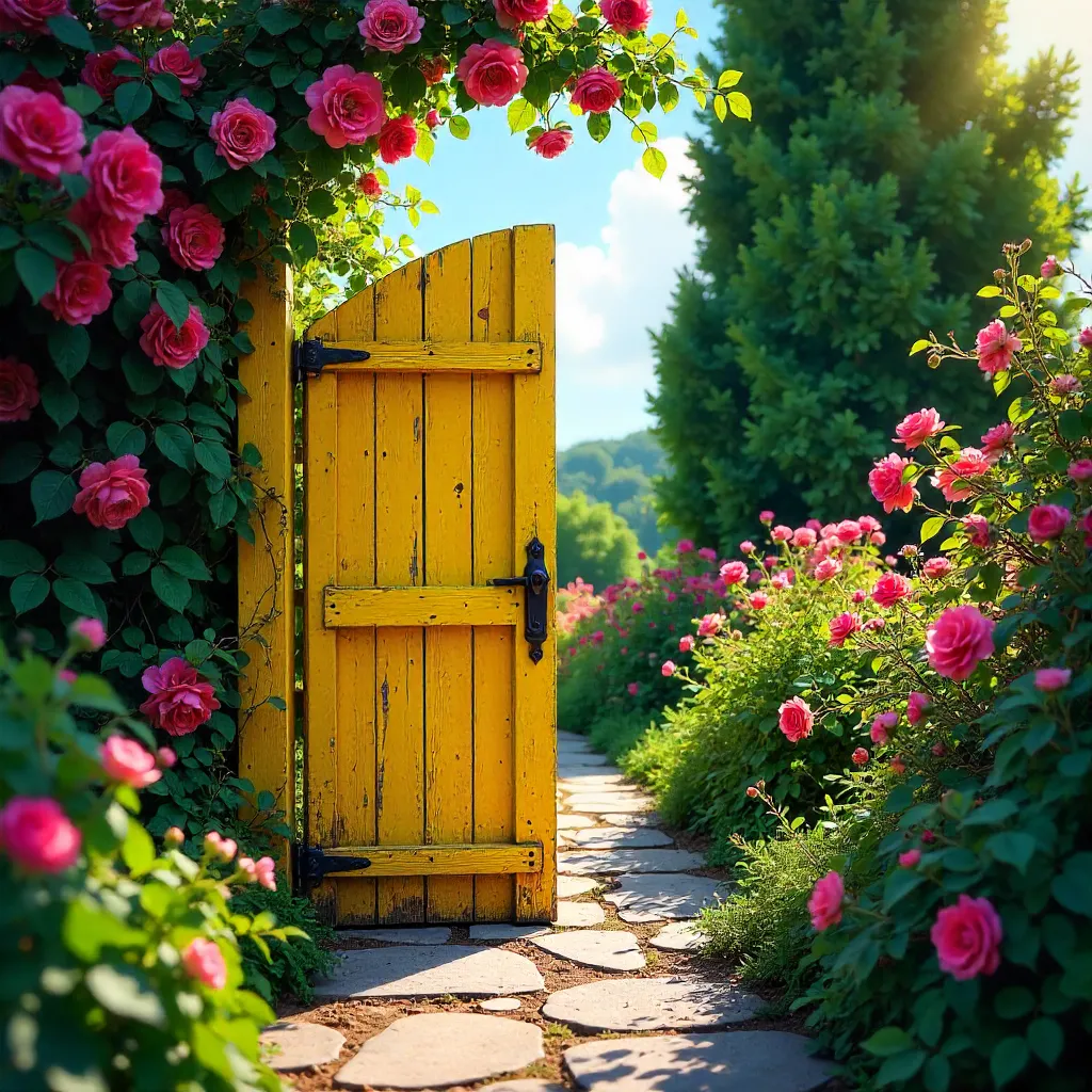 Sunny Yellow Gate with Pink Blooms