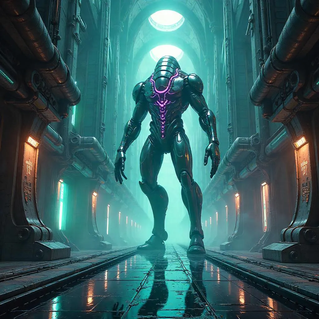 Colossal Biomech in an Alien Starship Interior