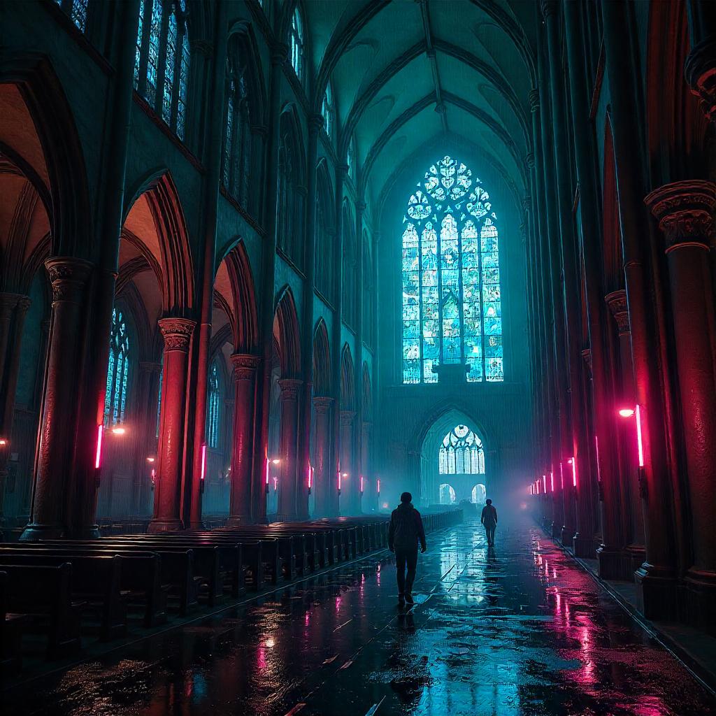Neon Rain in a Cyberpunk Cathedral