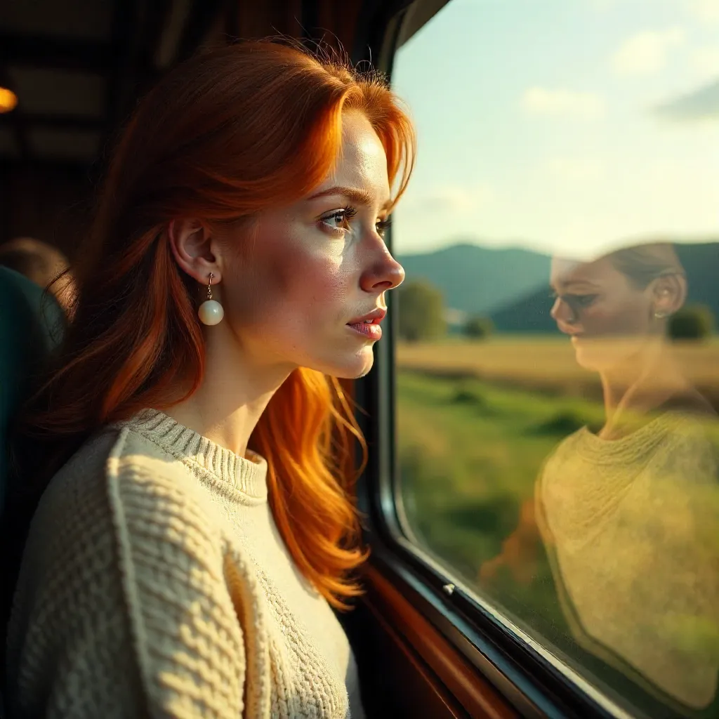 Red-Haired Woman Gazing Thoughtfully from a Train Window