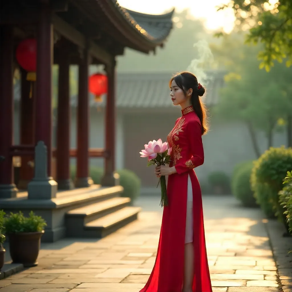 Young Woman in Ao Dai with Lotus at a Vietnamese Pagoda