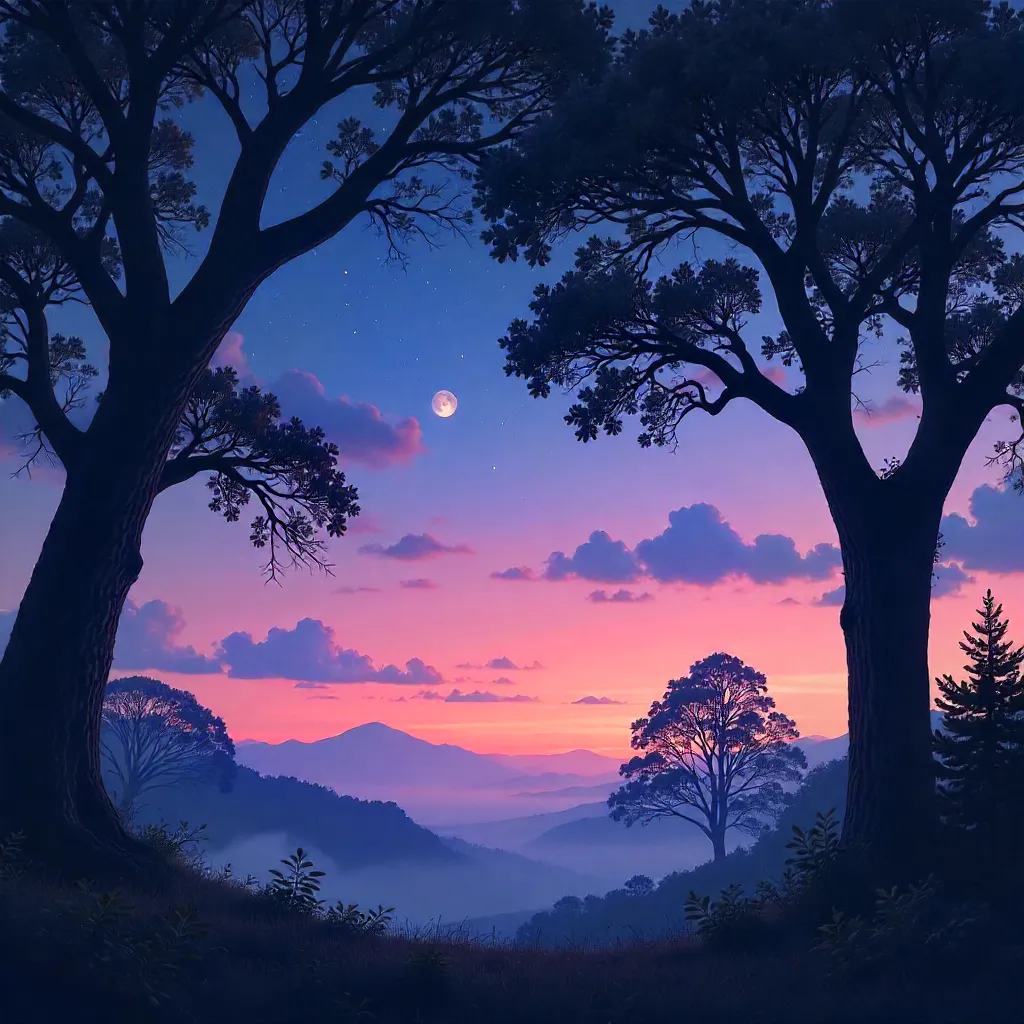 Silhouetted branches under a crescent moon at twilight