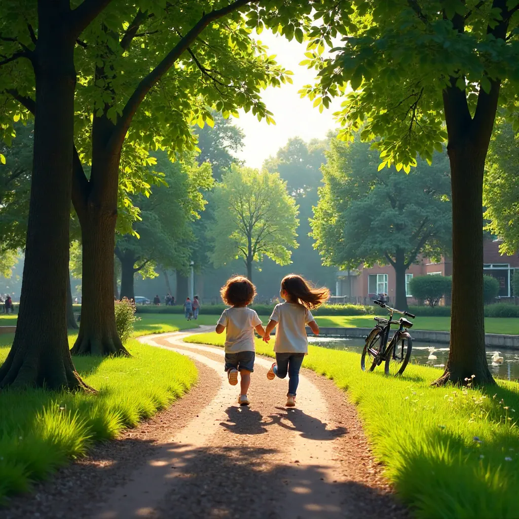 Two children playing along Utrecht's tree-lined park path