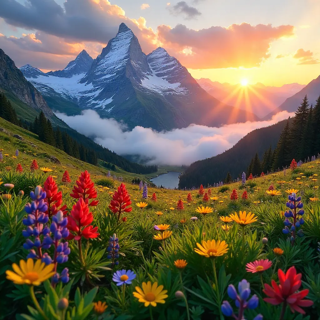 Dawn Over Alpine Peaks with Wildflowers