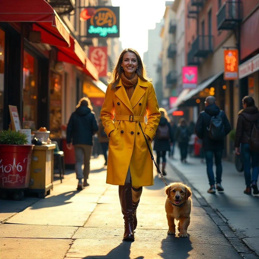Yellow-Coated Woman Walks Dog Through Colorful City Street