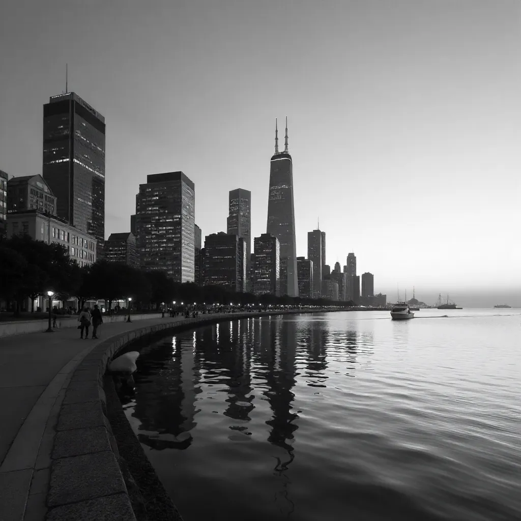 Elegant Monochrome Waterfront Cityscape