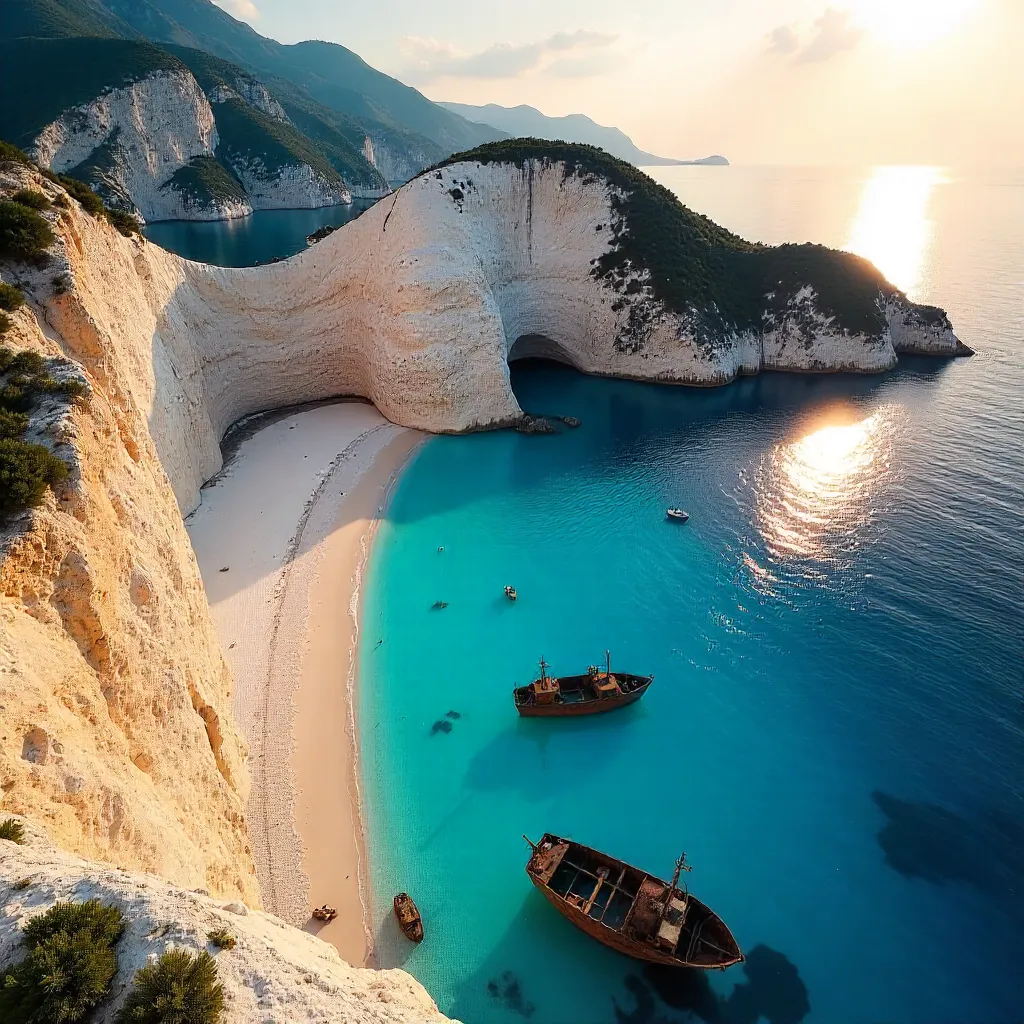 Aerial Navagio Shipwrecks Over Turquoise Waters