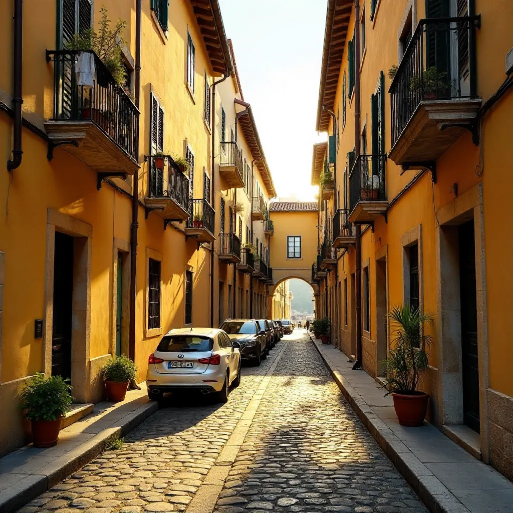Sunlit Italian Narrow Alley Between Yellow Facades
