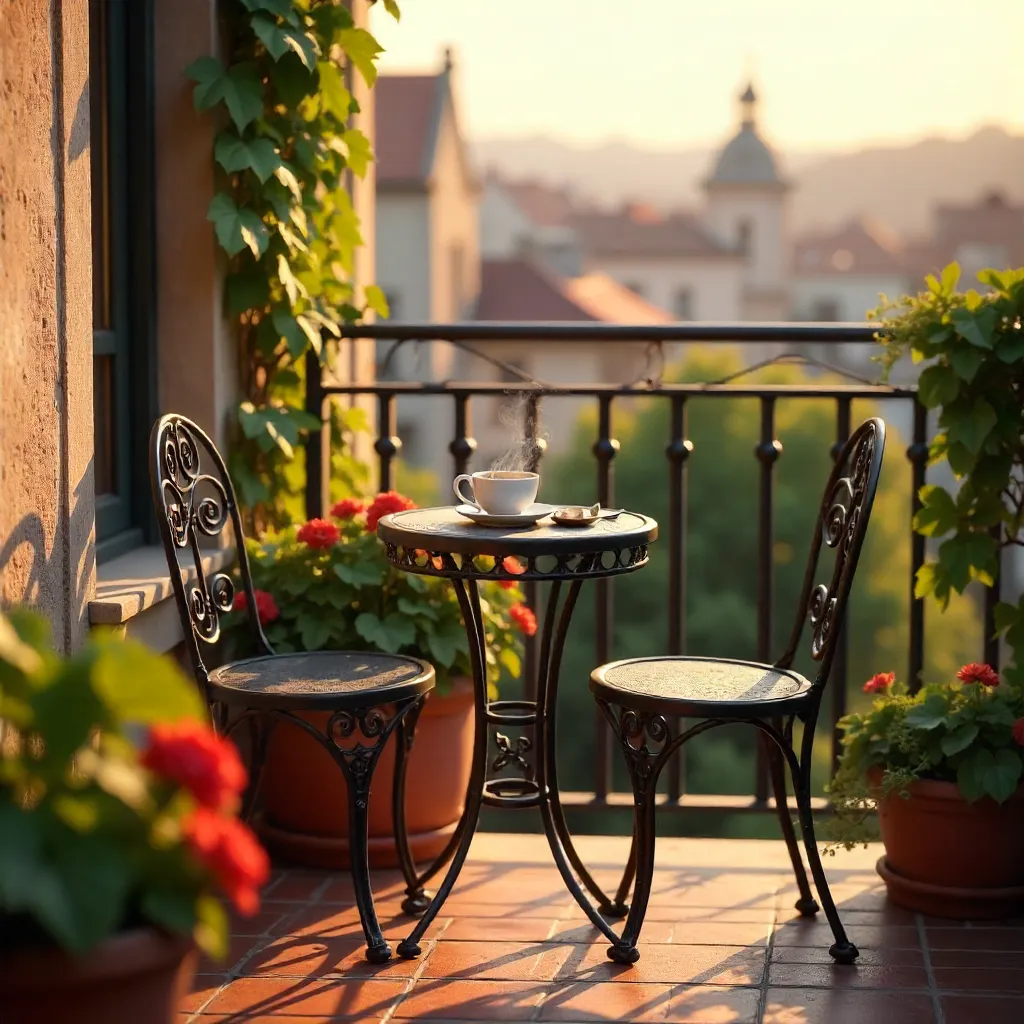 Sunlit Balcony with Coffee and Wrought Iron Chairs
