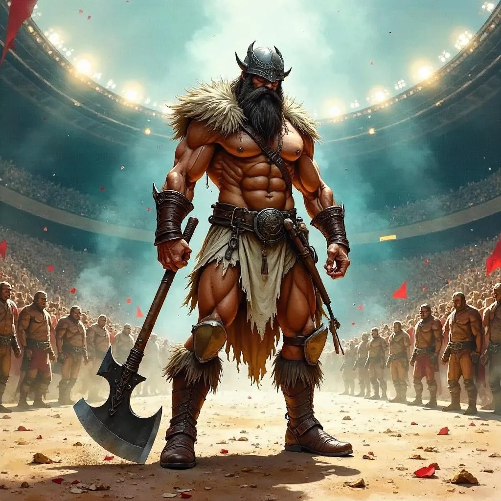 Watercolor Barbarian in a Stadium Showdown