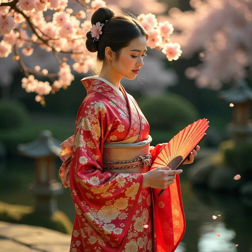 Graceful Kimono with Fan in a Garden