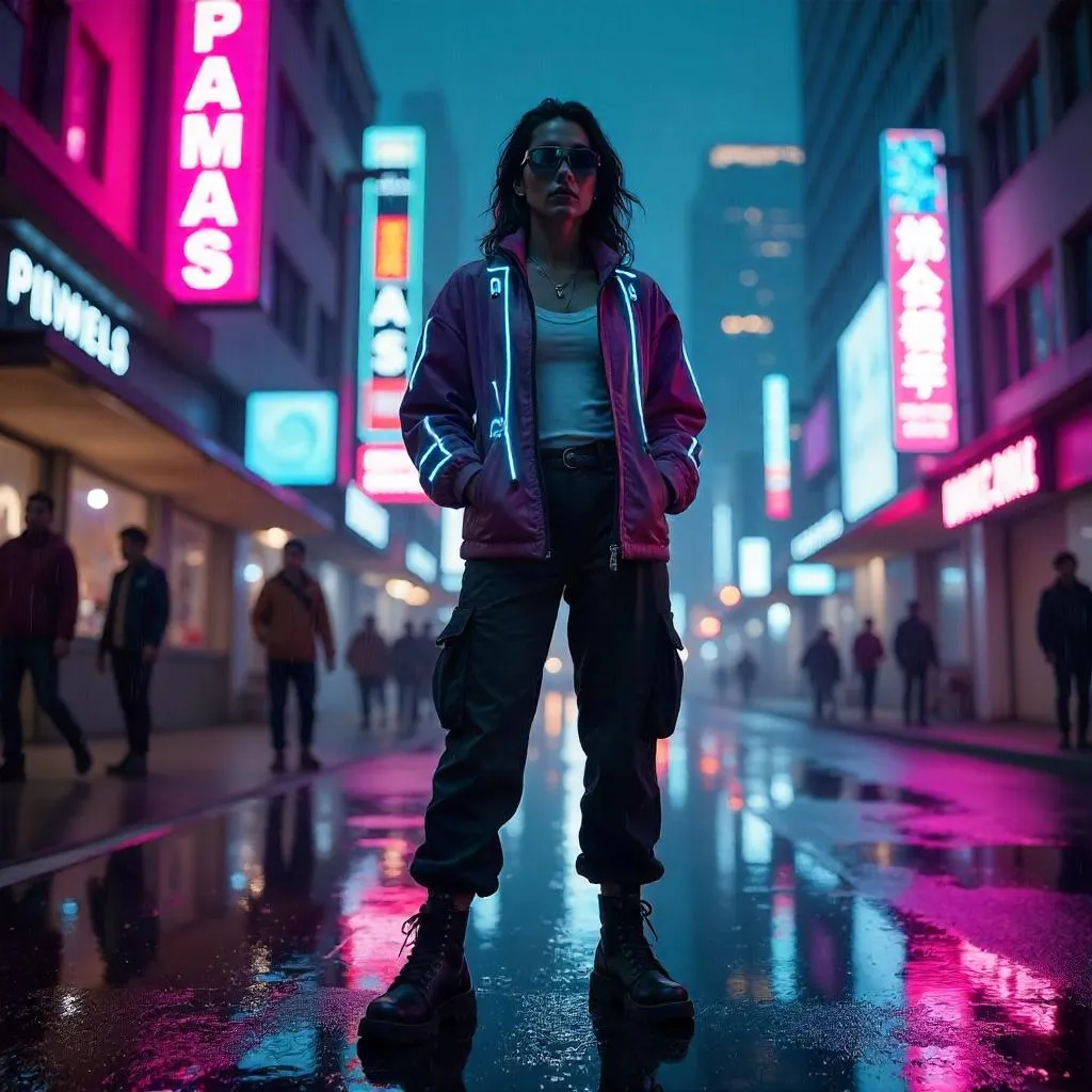 Confident Latina in Neon Cyberpunk Street