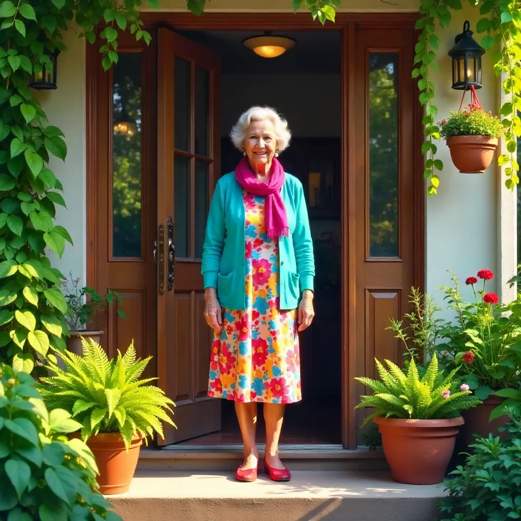 Vibrant Elderly Woman at a Plant-Filled Front Door