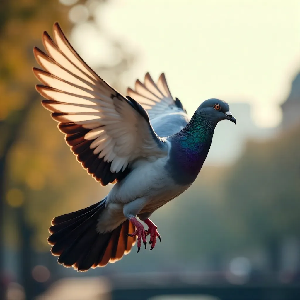 Elegant Pigeon in Flight with Soft-Focus Backdrop