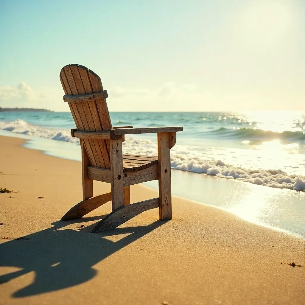 Solitary Wooden Chair on a Sunlit Beach
