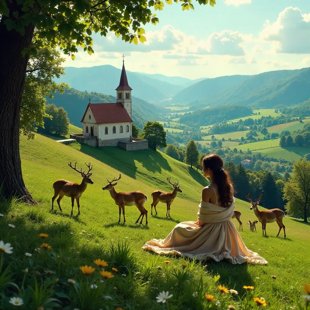 Woman Among Deer in Slovenian Hillside Landscape