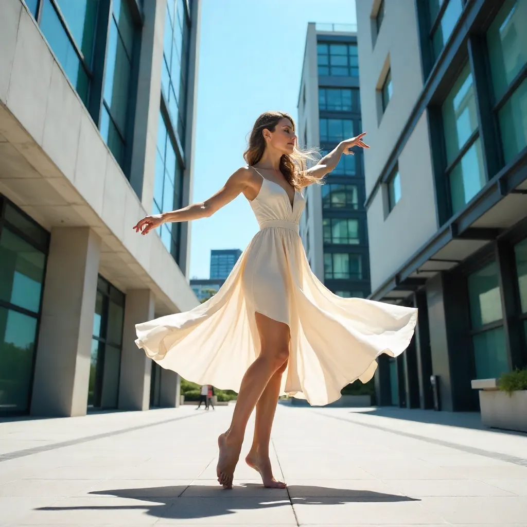 Barefoot Elegance Against Modern Architecture