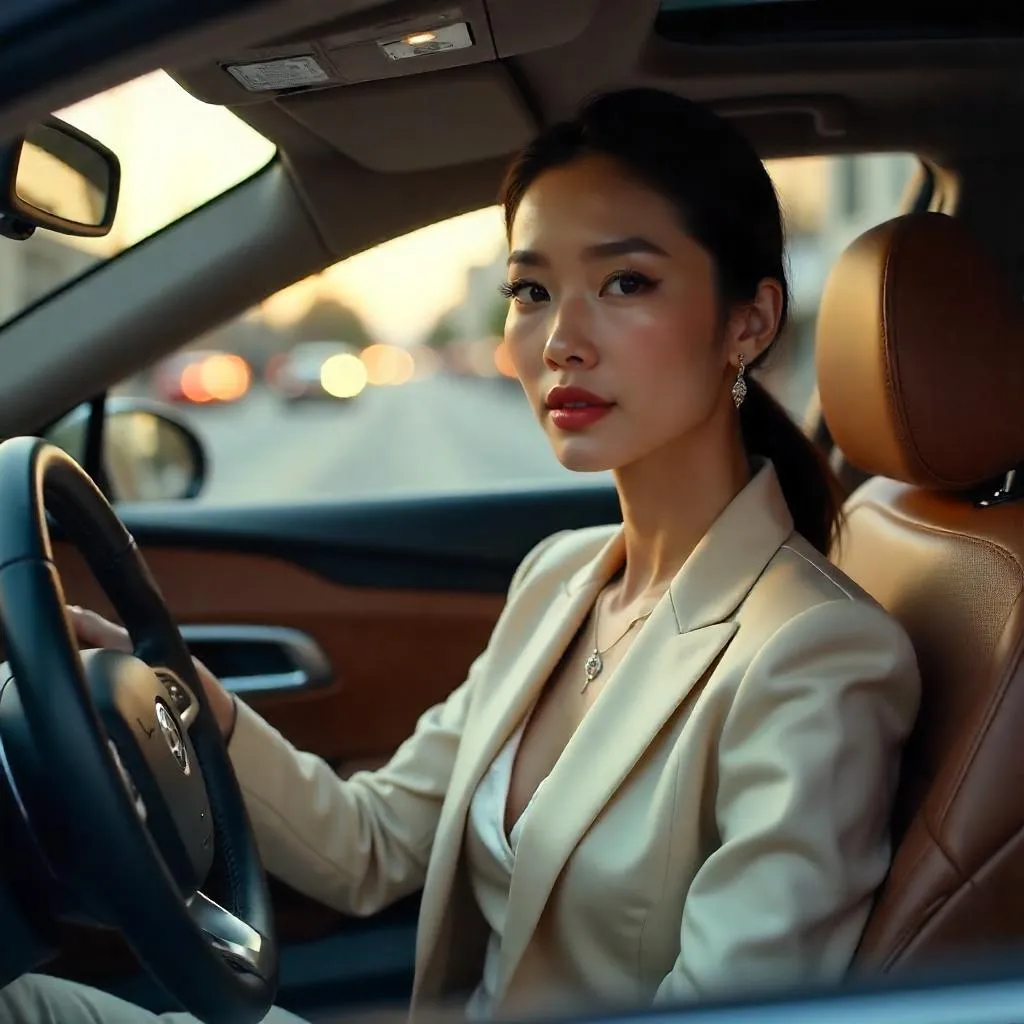 Photorealistic Stylish Asian Woman in a Car