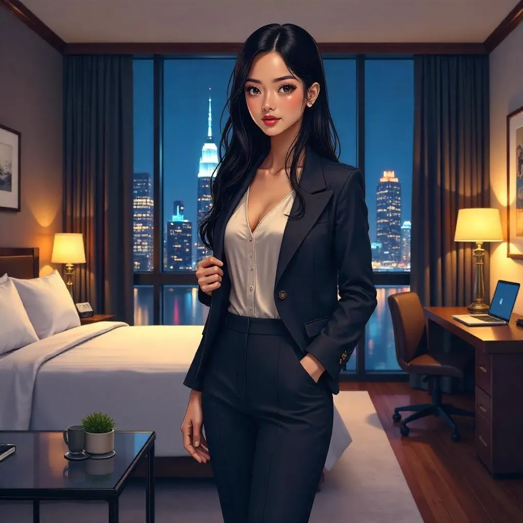 Confident Asian Woman in an Anime Hotel Room