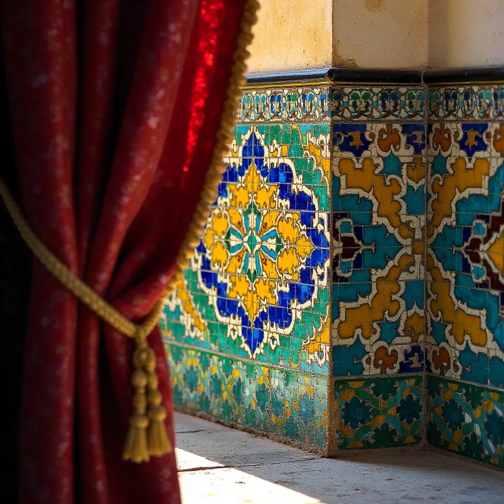 Fez Mosaic Tiles and Red Curtain