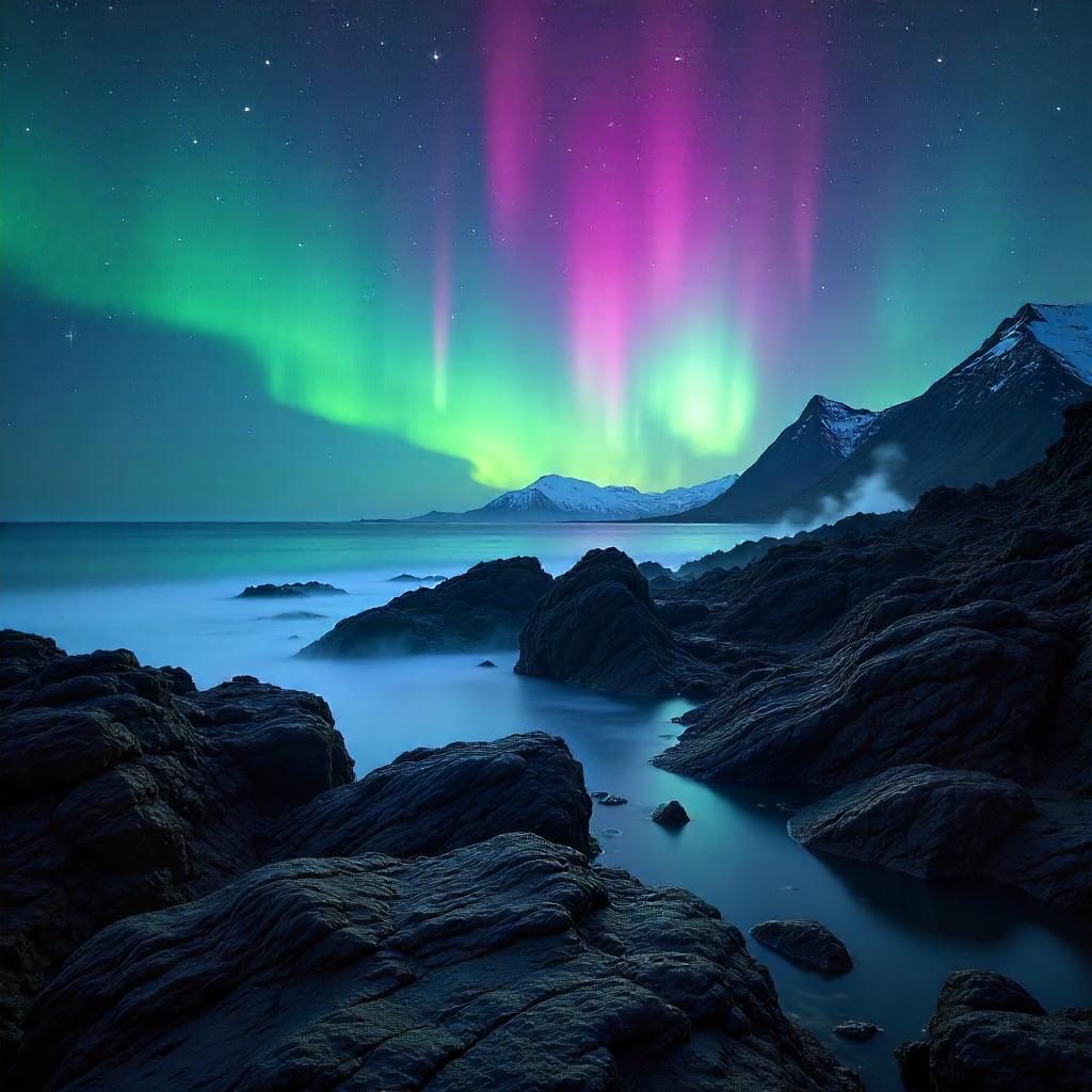 Aurora Over Jagged Volcanic Rocks at Night