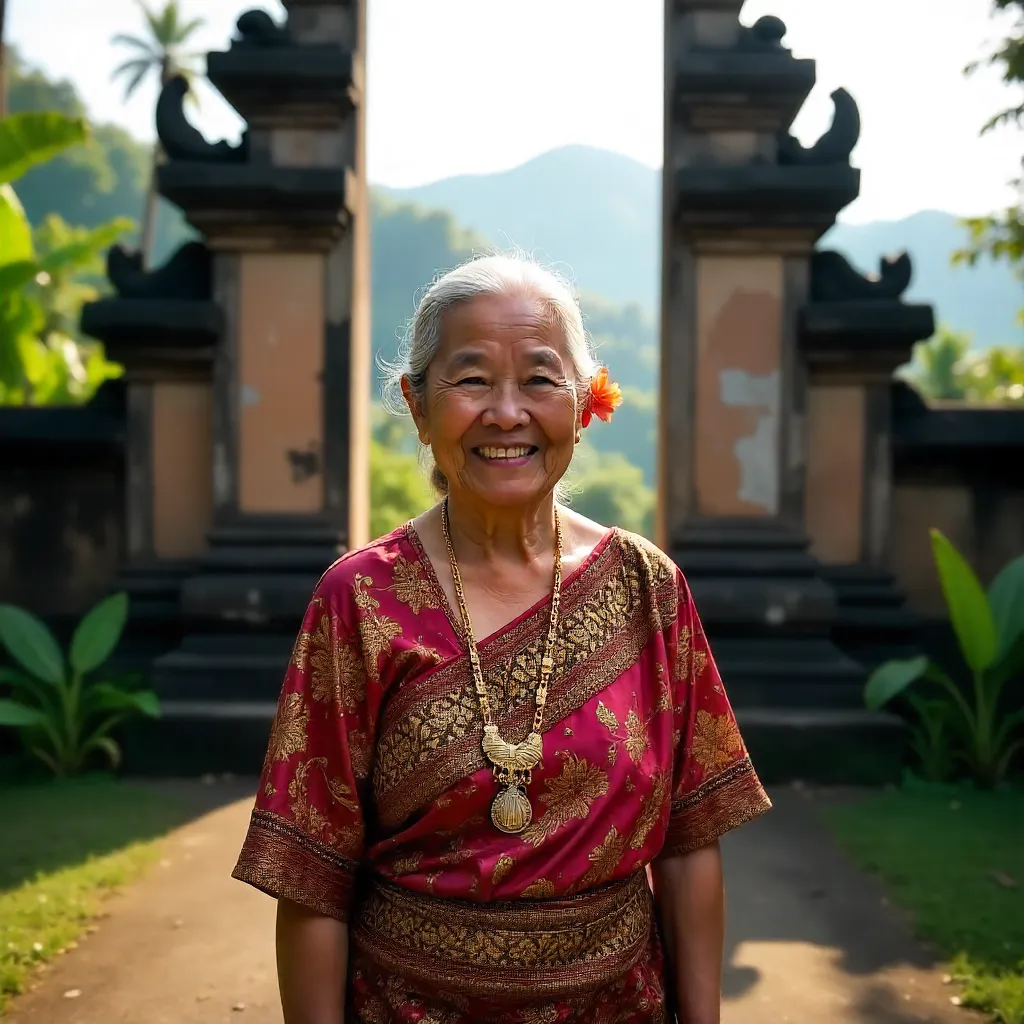 Smiling Elderly Balinese Woman in Traditional Architecture