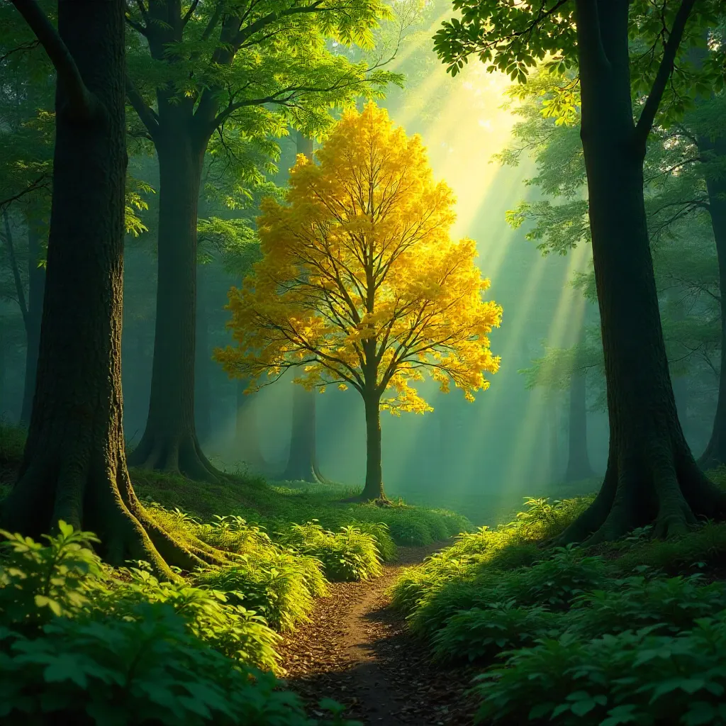 Golden-yellow Tree in Emerald Forest