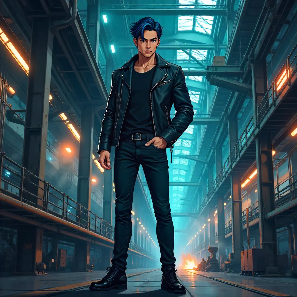 Stylish Asian Man in an Industrial Factory - Anime Style