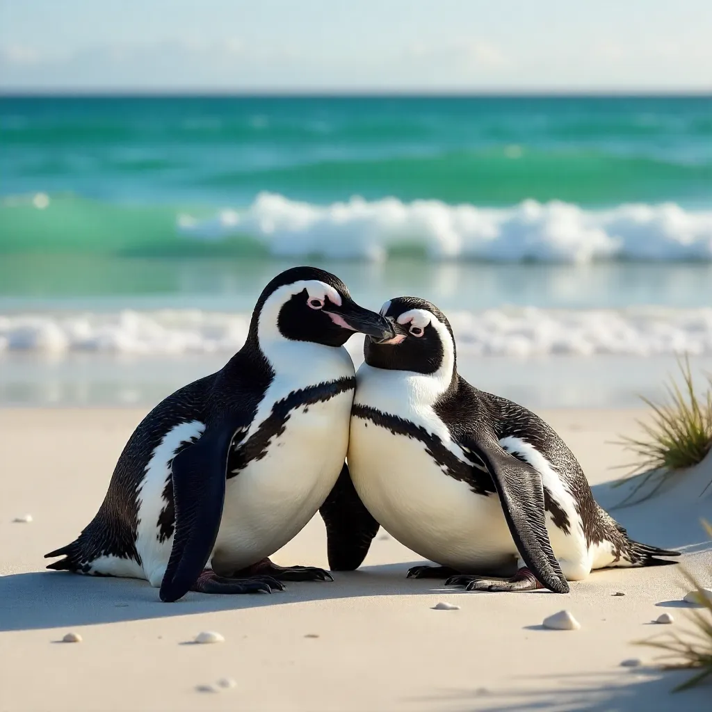 Two African Penguins Resting on Warm Sand