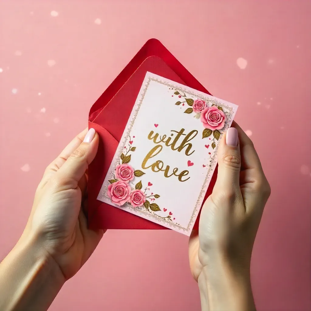 Hands Holding a Love Card and Red Envelope on Pink