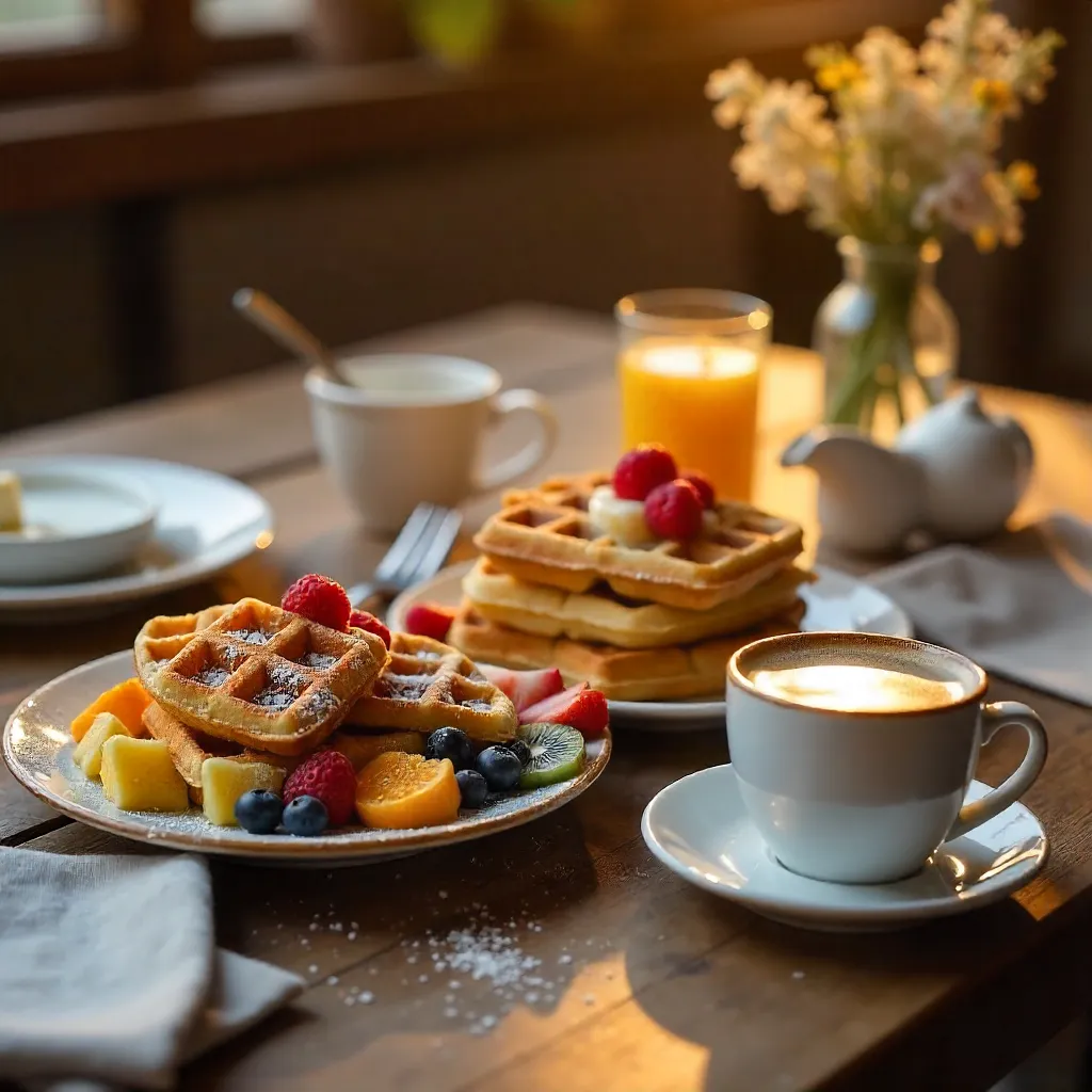 Weekend Brunch: Waffles, Fruit & Coffee Delight