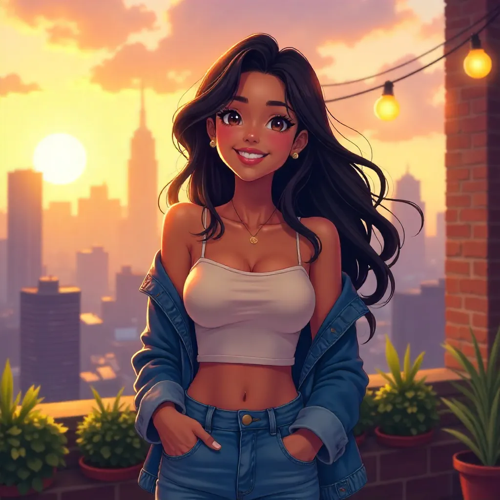 Cheerful Latina Anime Girl on a Rooftop