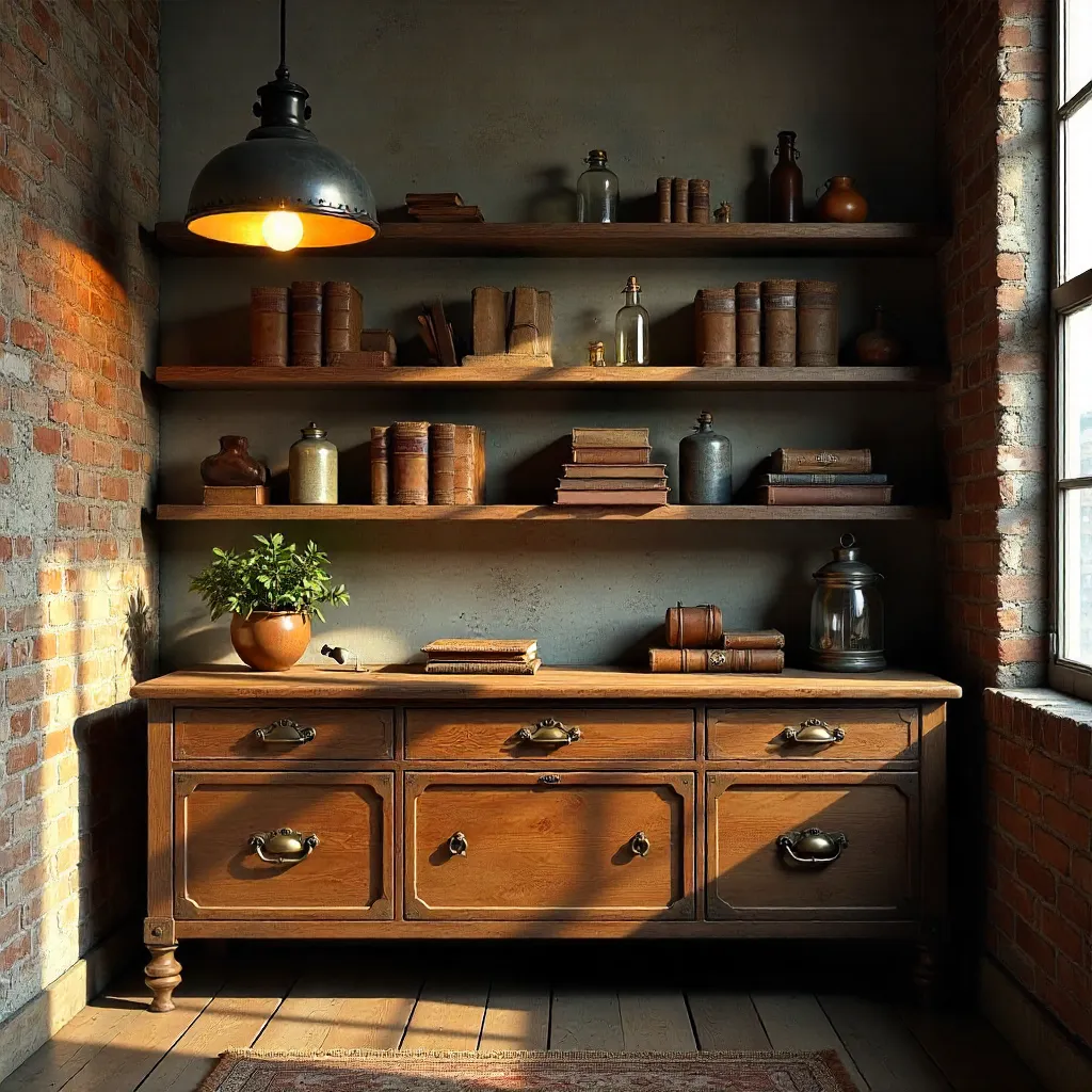 Warm Vintage Interior with Industrial Lamp and Wood Furniture