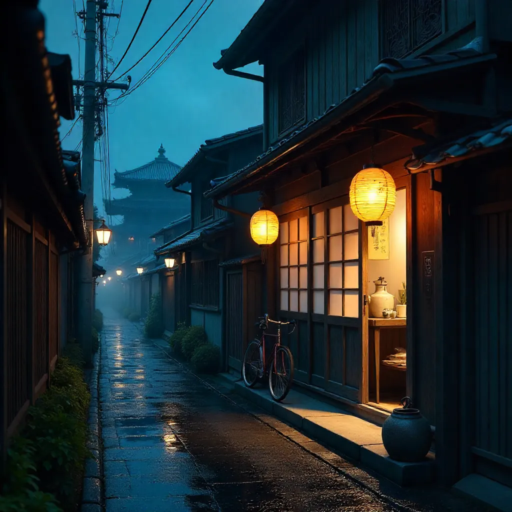 Serene Kyoto Night: Lantern-Lit Traditional Shopfront