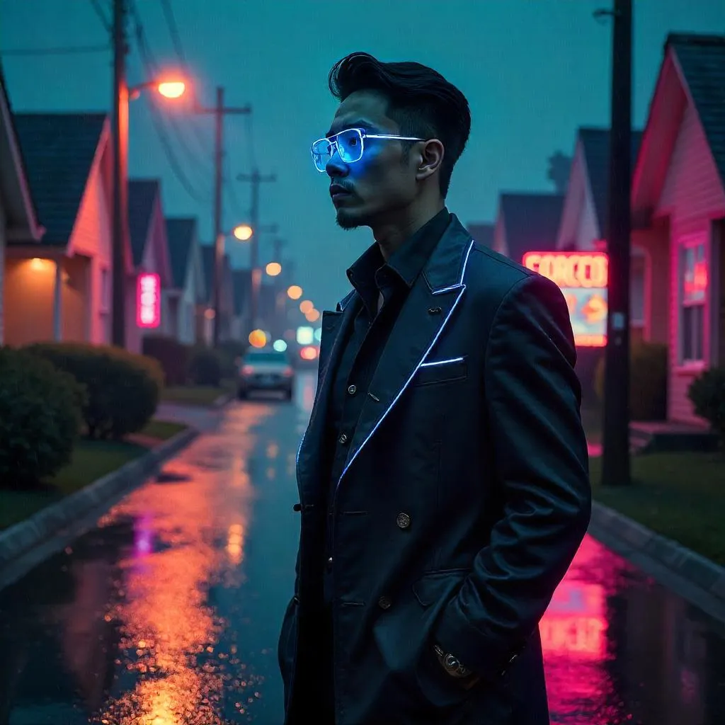 Elegant Cyberpunk Gentleman in Suburban Night