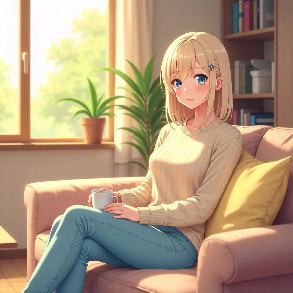 Cozy Living Room Anime Portrait of an Adult Woman