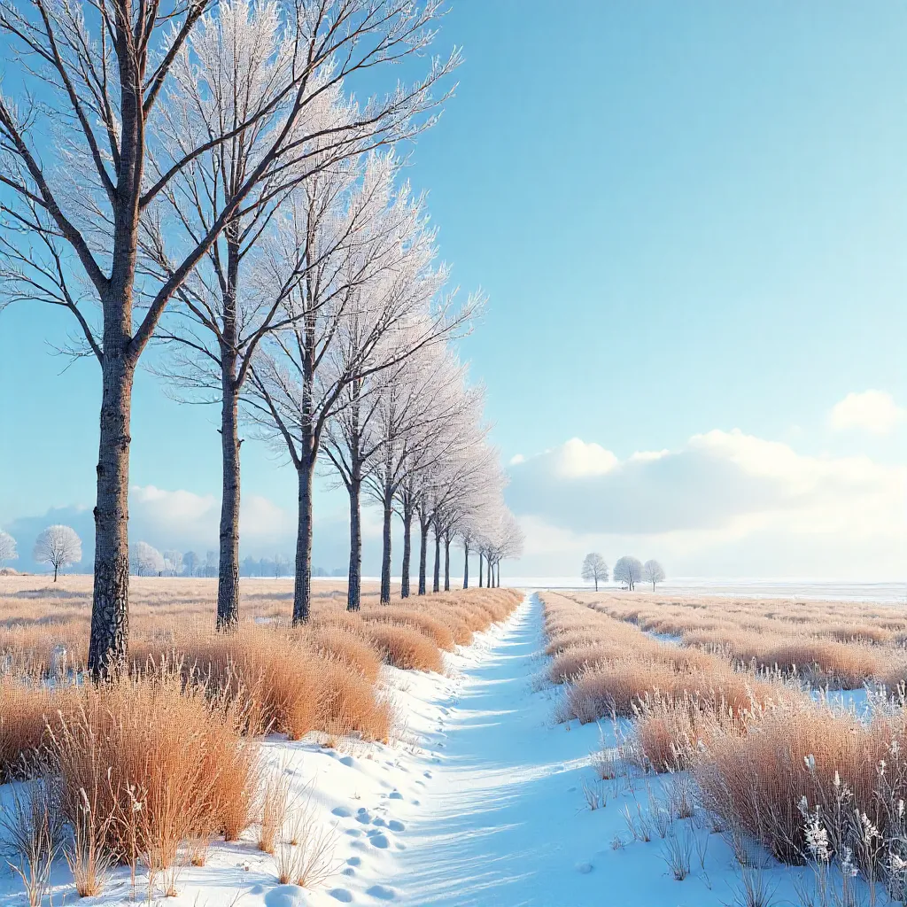 Calm Winter Scene: Bare Trees, Blue Sky, Dry Grasses