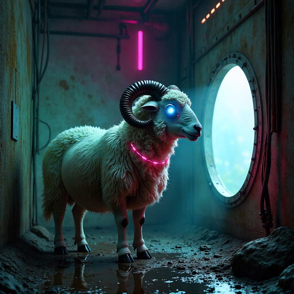 Neon Bunker Sheep: A Cyberpunk Sentinel