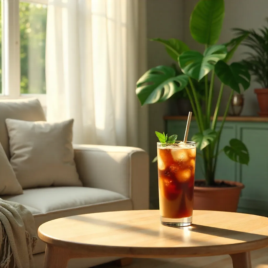 Cozy Indoor Greenery with Iced Coffee