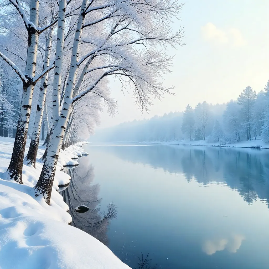 Silent Winter Riverbank with White-Tree Reflections