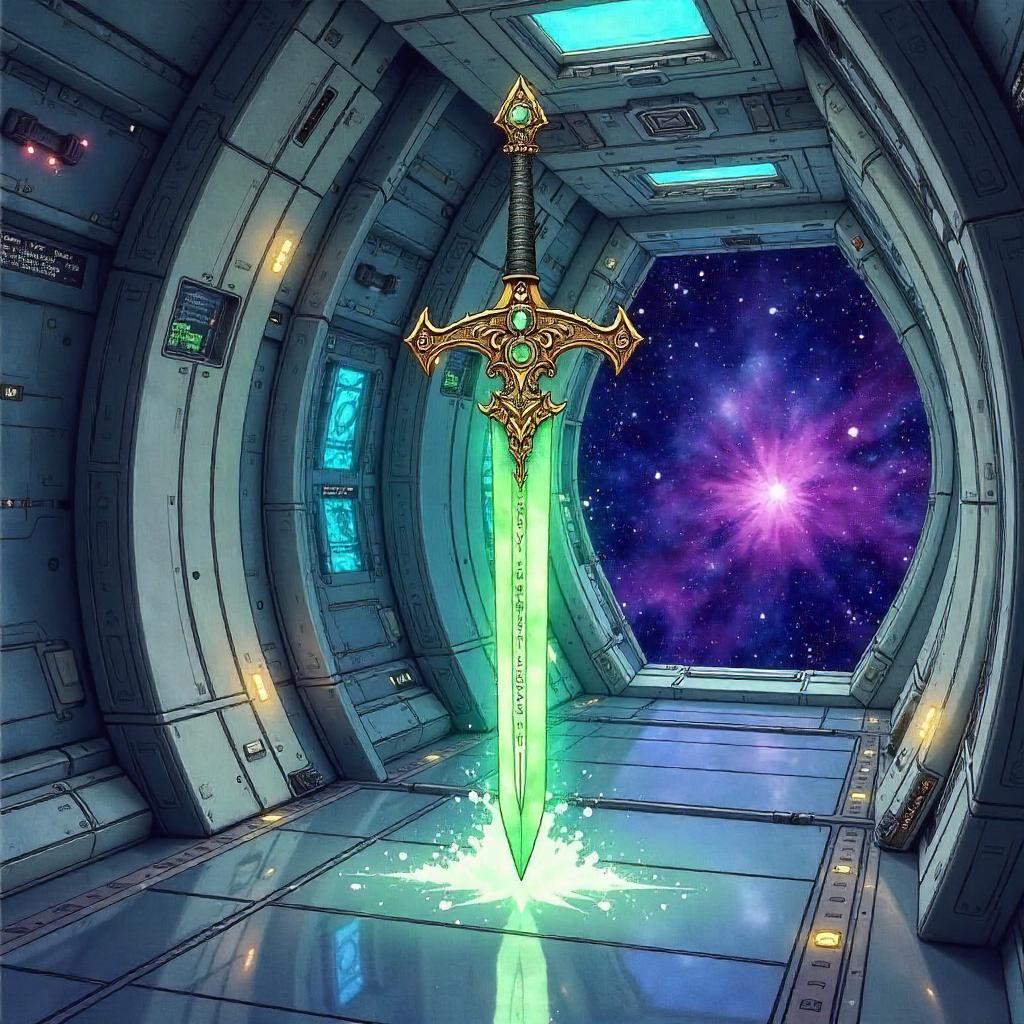 Watercolor Enchanted Sword in a Starship