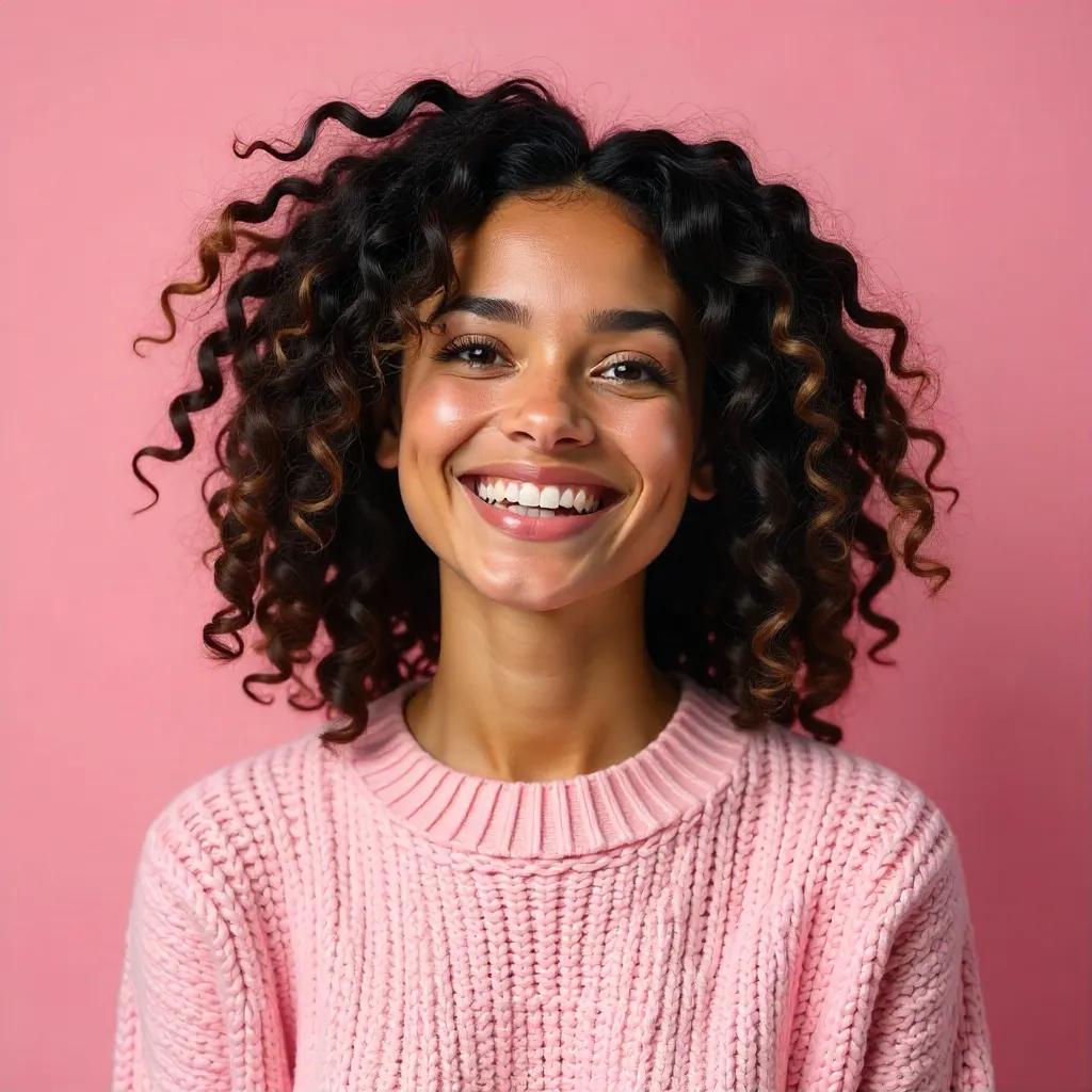 Joyful Curly-Haired Woman in Pink Sweater