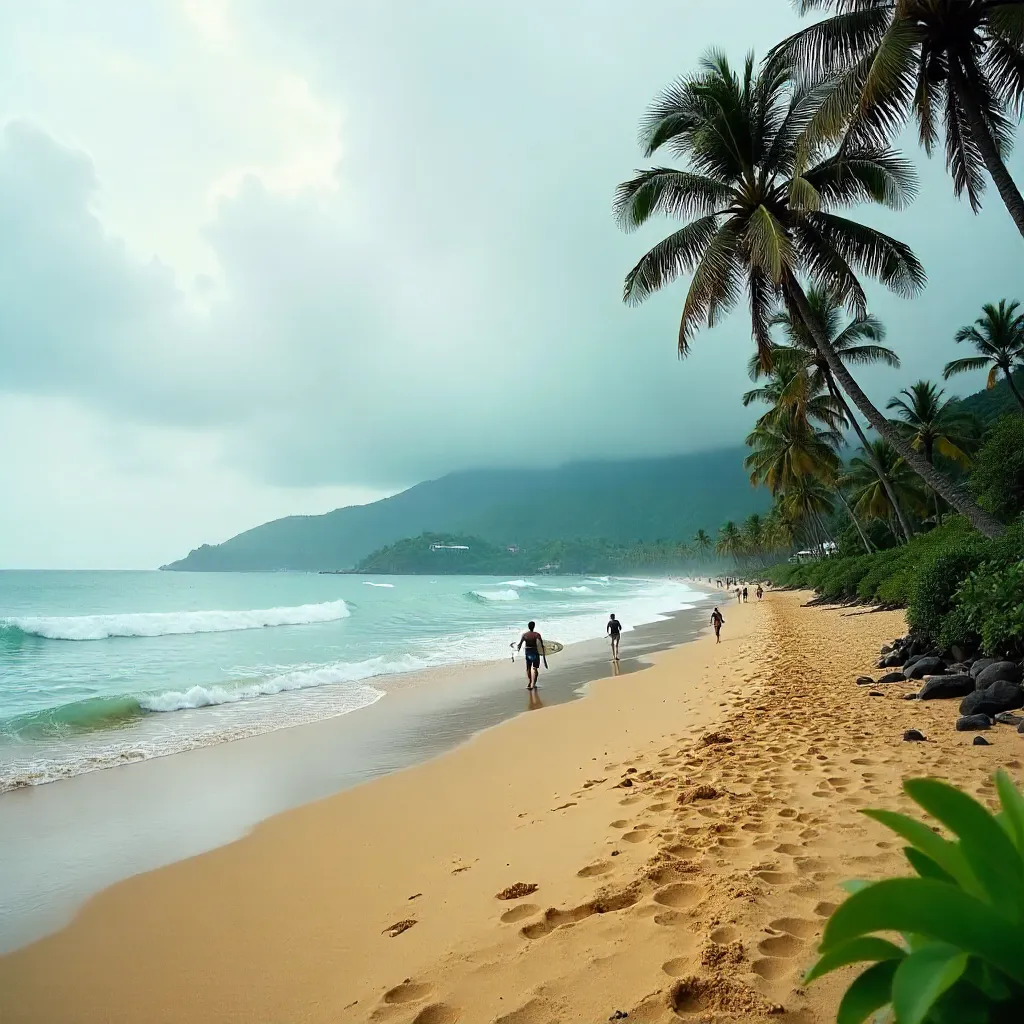 Bali Beach: Surfers Under a Cloudy Sky