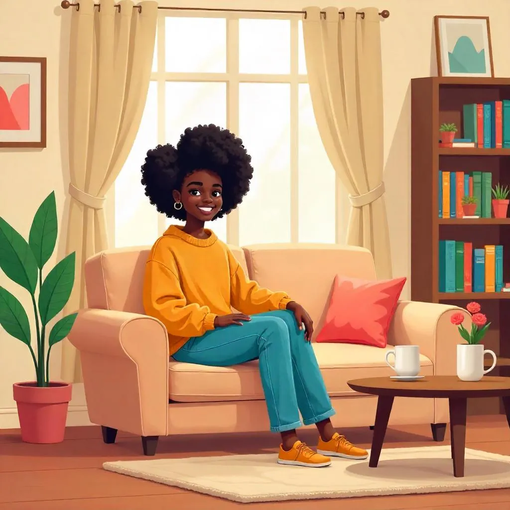 Cartoon Living Room Portrait of a Young Black Woman
